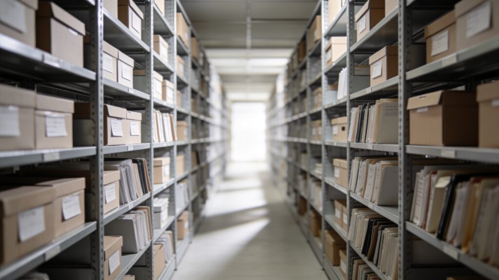 Long couloir d’archives avec des étagères métalliques remplies de boîtes et de dossiers des deux côtés, vue en perspective vers une lumière au fond